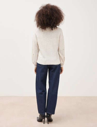 Pull droit brod&eacute; manches longues creme femme