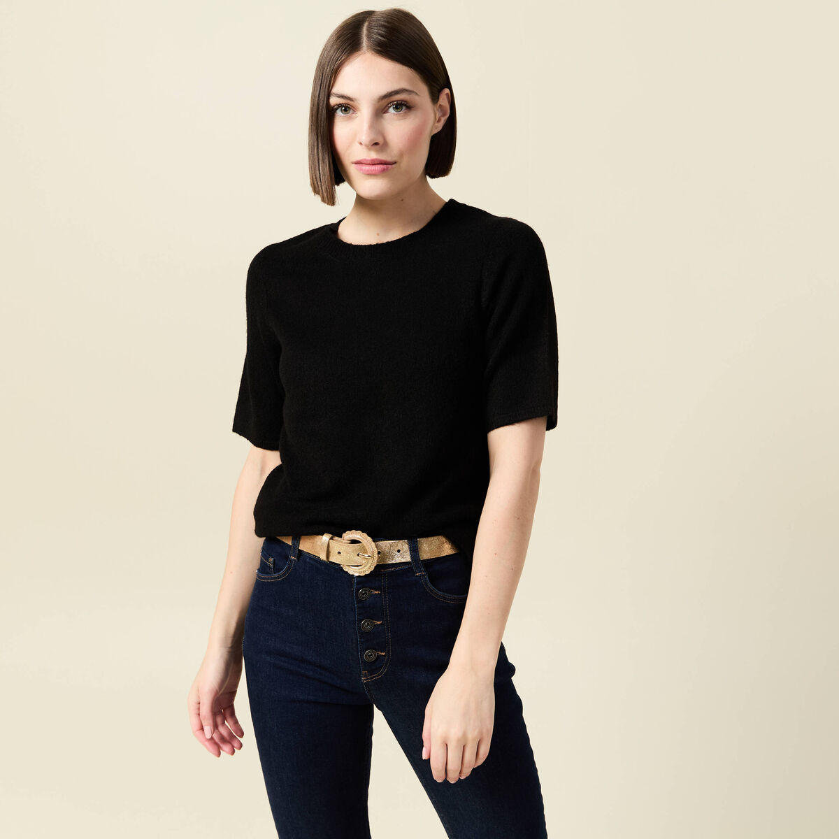 Pull manches courtes noir femme