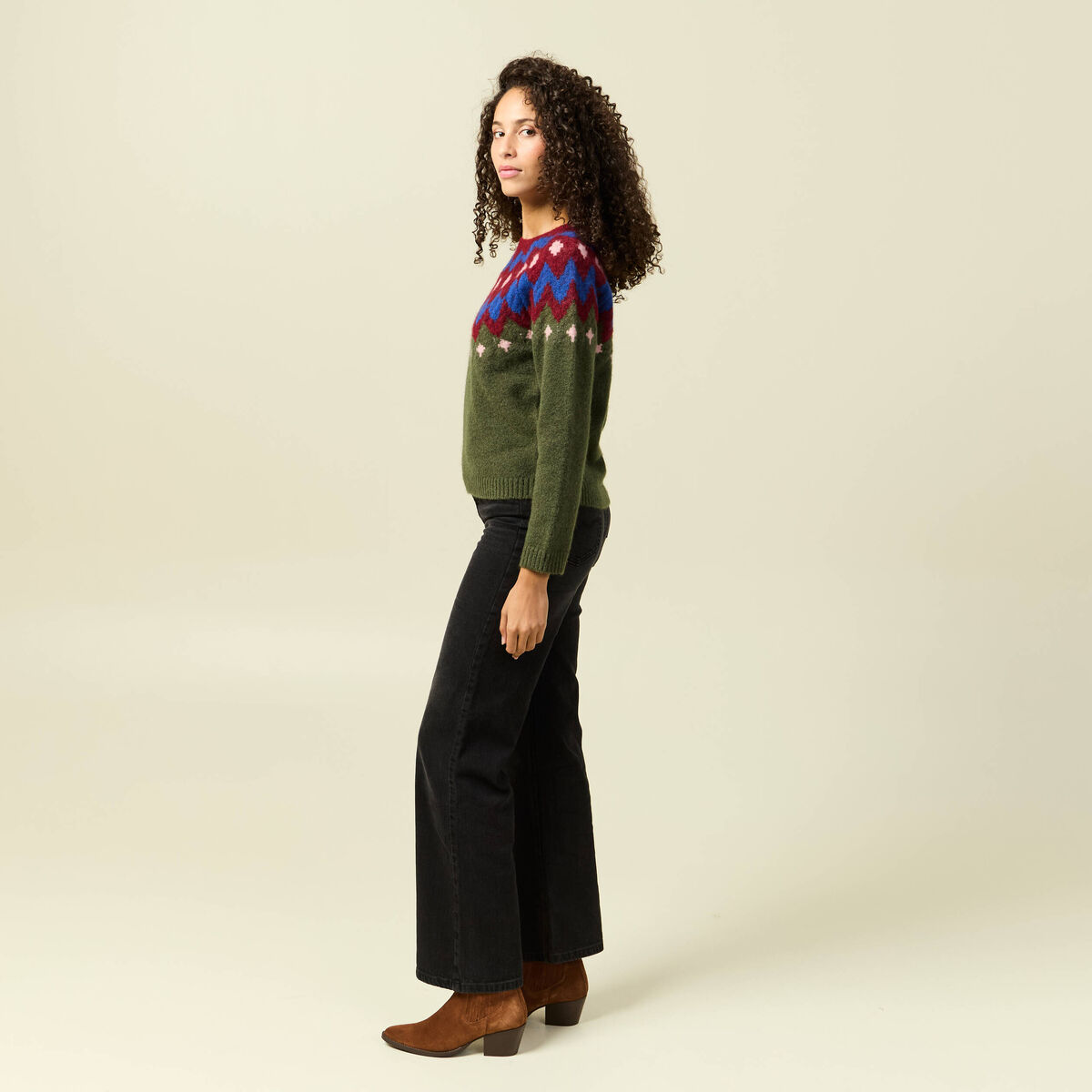 Pull col rond manches longues vert kaki femme