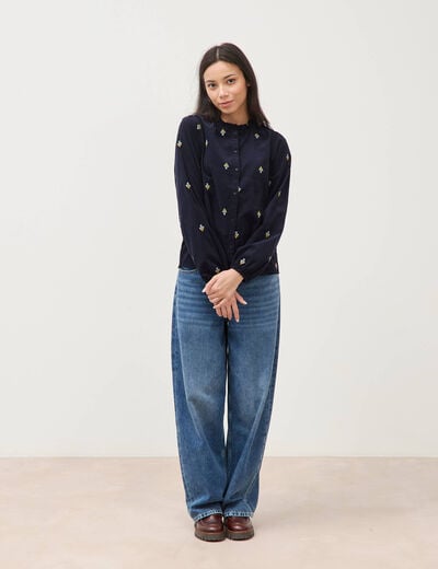 Chemise en coton avec broderie bleu marine femme