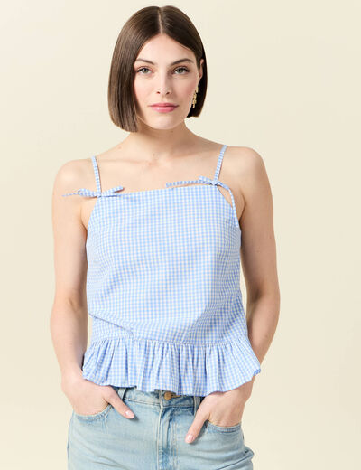 D&eacute;bardeur droit court col carr&eacute; bleu gris femme