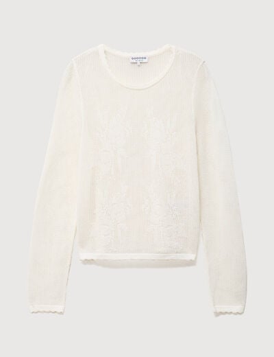 Pull ajour&eacute; col rond manches longues ecru femme