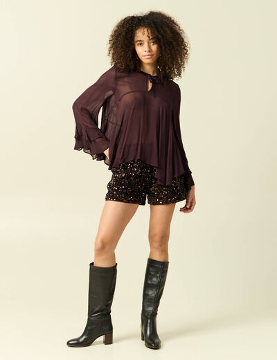 Blouse manches longues col ras de cou marron fonc&eacute; femme