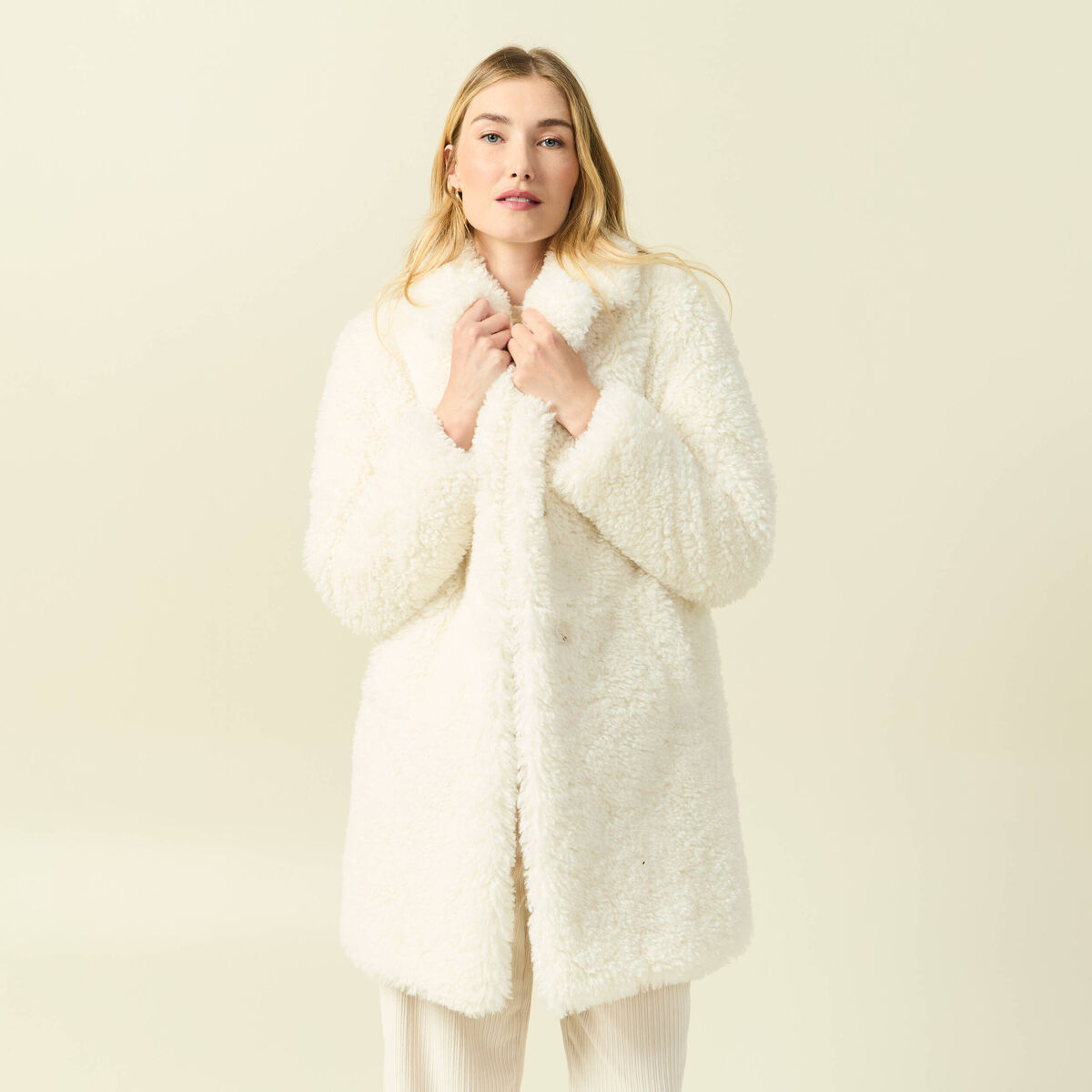 Manteau oversize long effet polaire creme femme