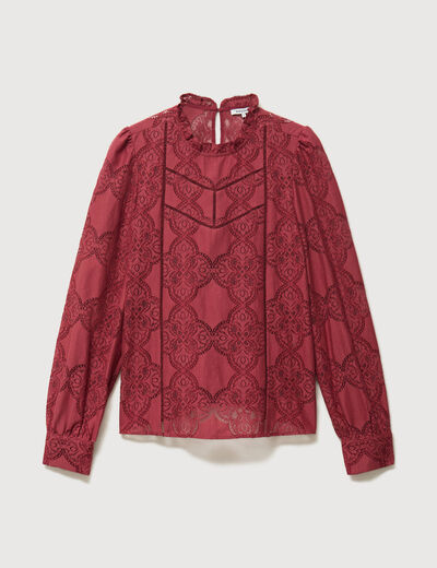 Blouse cintr&eacute;e dentelle manches longues rouge fonc&eacute; femme