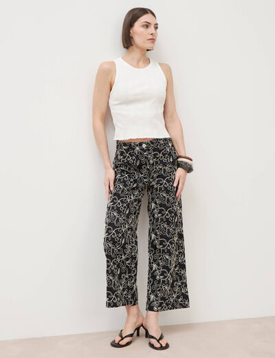Pantalon loose en coton doubl&eacute; noir femme