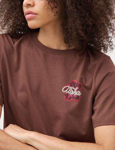 T-shirt droit en coton manches courtes marron cognac femme