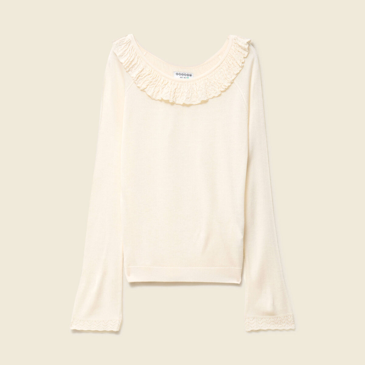 Pull col rond &agrave; volants manches longues ivoire femme