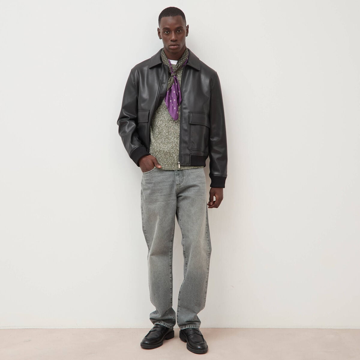 Pull droit tweed manches longues vert kaki homme