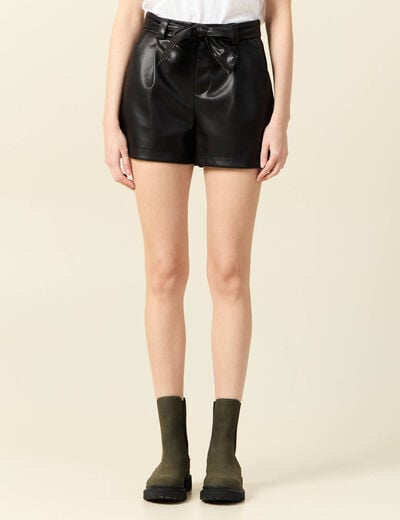 Short similicuir ceinturé noir femme