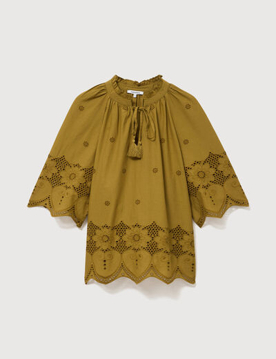 Blouse en coton manches courtes dentelle vert kaki femme