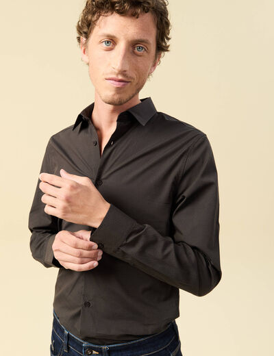 Chemise cintr&eacute;e en coton manches longues gris fonc&eacute; homme