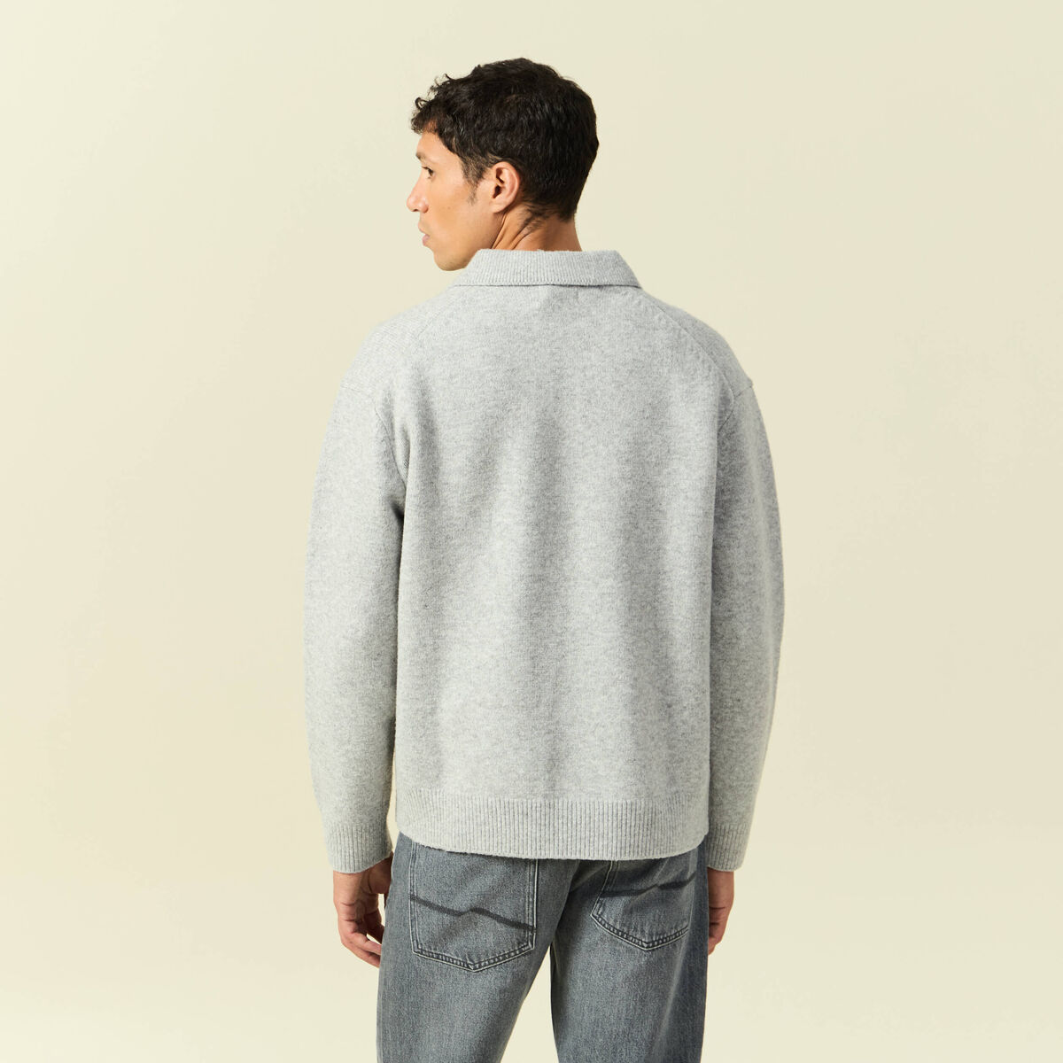 Pull manches longues col polo zipp&eacute; gris homme