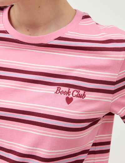 T-shirt ray&eacute; col rond manches courtes vieux rose femme