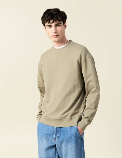 Sweat col rond manches longues en coton vert kaki homme