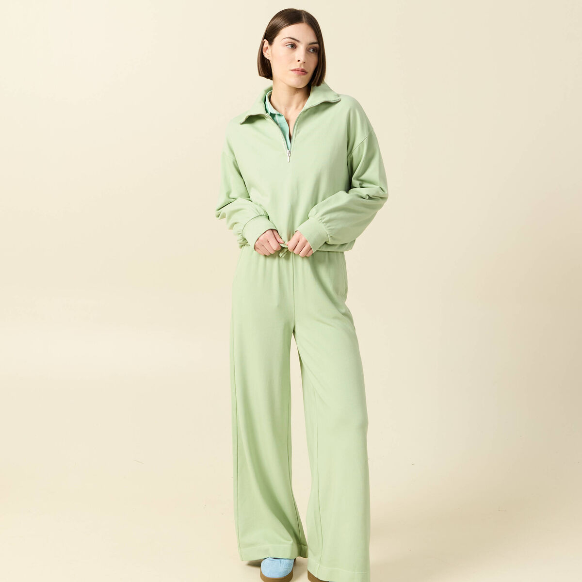 Pantalon large taille haute fluide vert clair femme