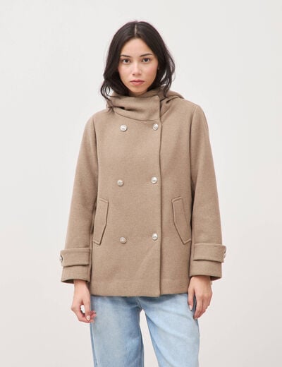 Caban oversize court &agrave; capuche beige femme