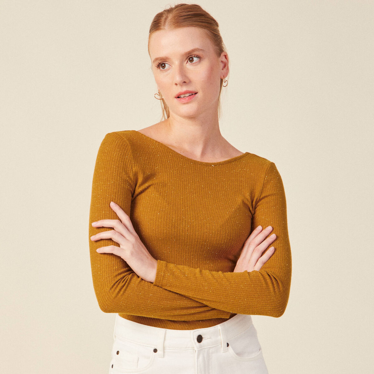 T-shirt manches longues brillant marron cognac femme