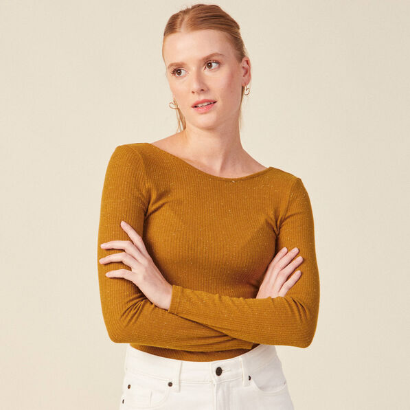T-shirt manches longues brillant marron cognac femme