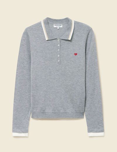 Polo manches longues avec c&oelig;ur brod&eacute; gris clair femme