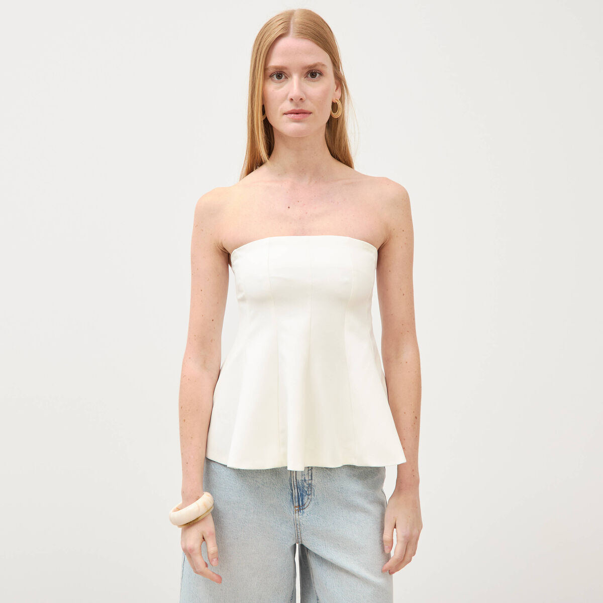 Top bustier &agrave; volants doubl&eacute; ecru femme