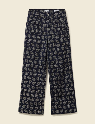 Pantalon large cropped taille haute bleu marine femme