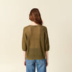 Pull ajour&eacute; col v manches 3/4 vert olive femme