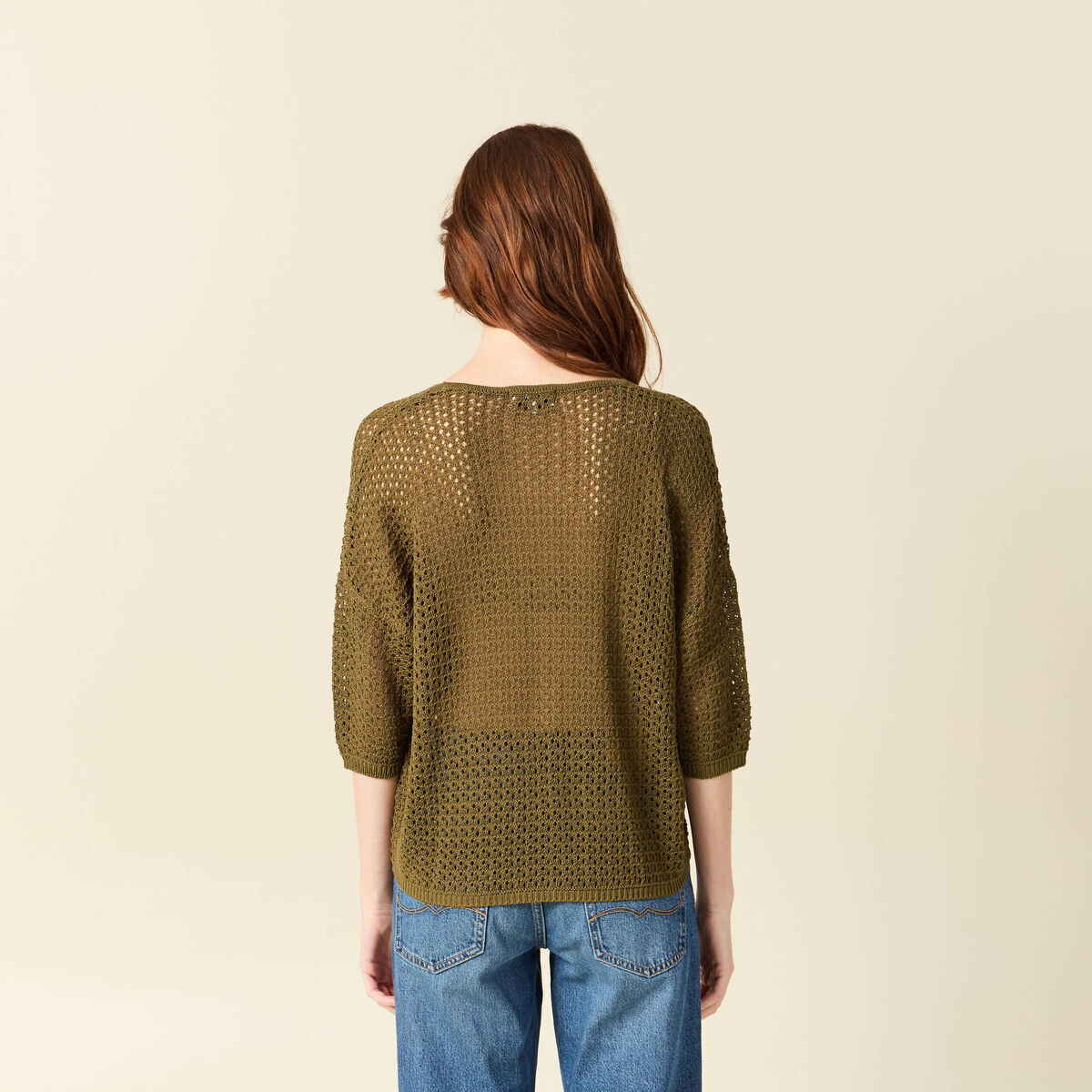 Pull ajour&eacute; col v manches 3/4 vert olive femme