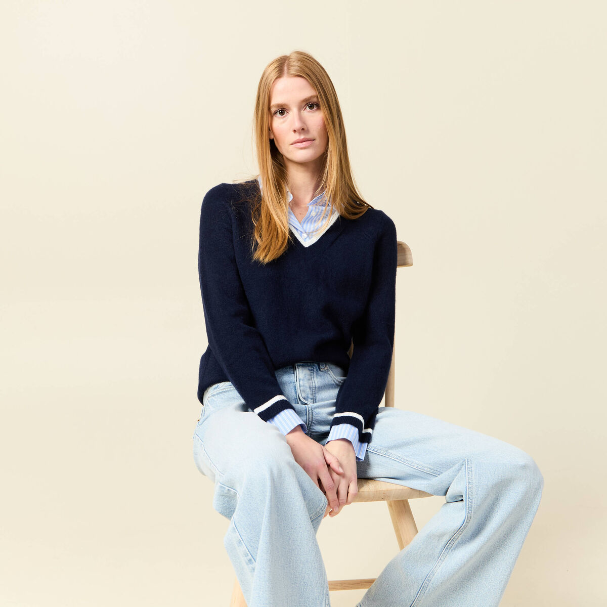 Pull manches longues 2-en-1 bleu fonc&eacute; femme