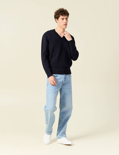 Pull fin col v manches longues bleu marine homme