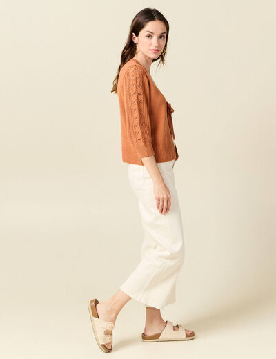 Kimono ajour&eacute; col v manches 3/4 rouge fonc&eacute; femme