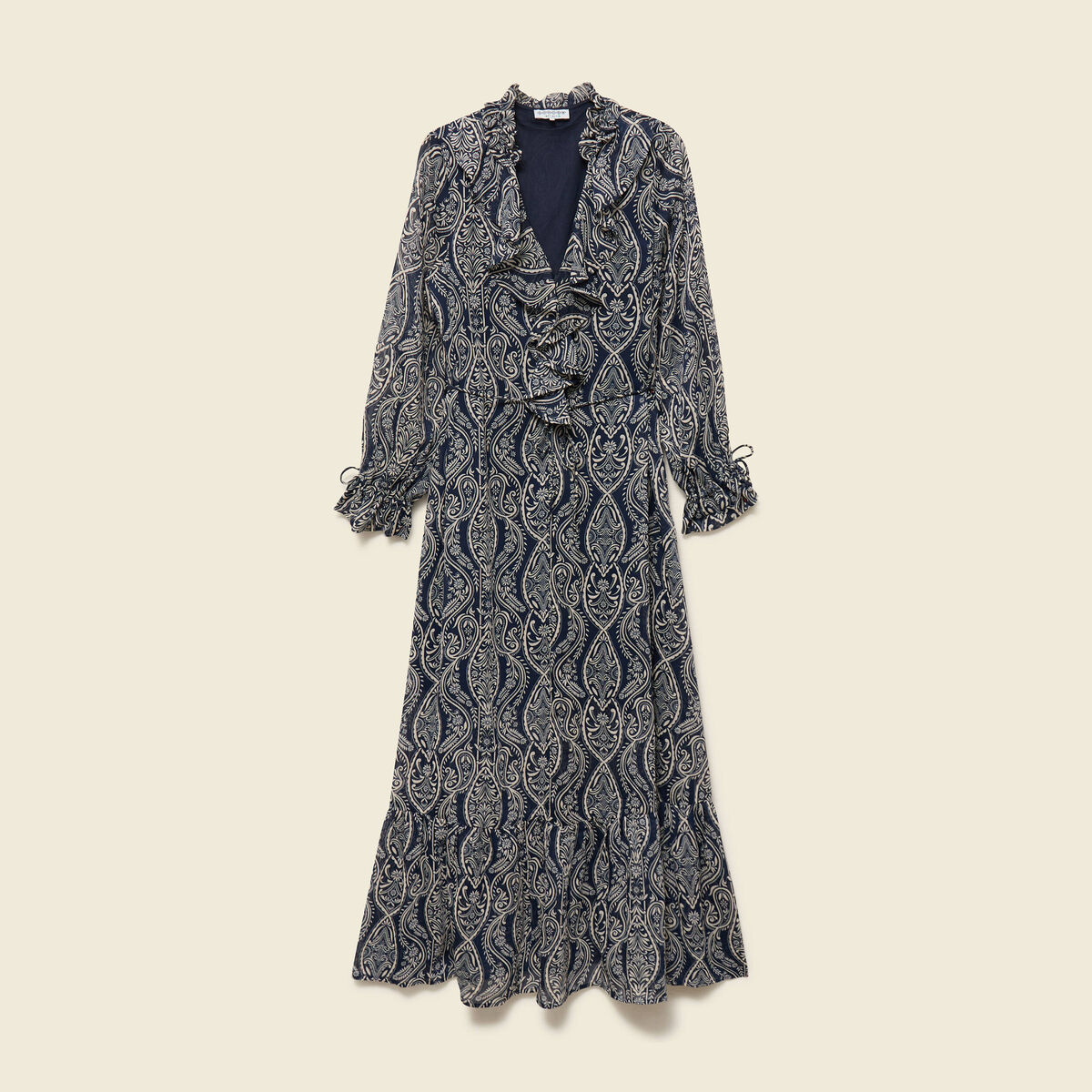 Robe longue &eacute;vas&eacute;e col v manches longues bleu marine femme