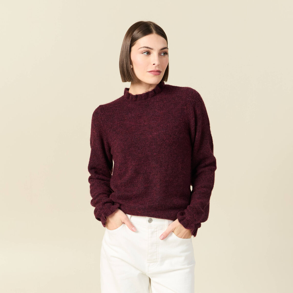 Pull col montant manches longues bordeaux femme
