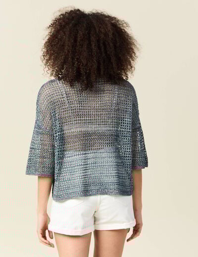 Pull manches courtes ajouré bleu clair femme