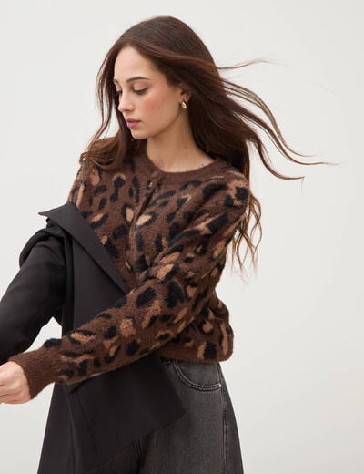 Gilet manches longues col rond marron fonc&eacute; femme