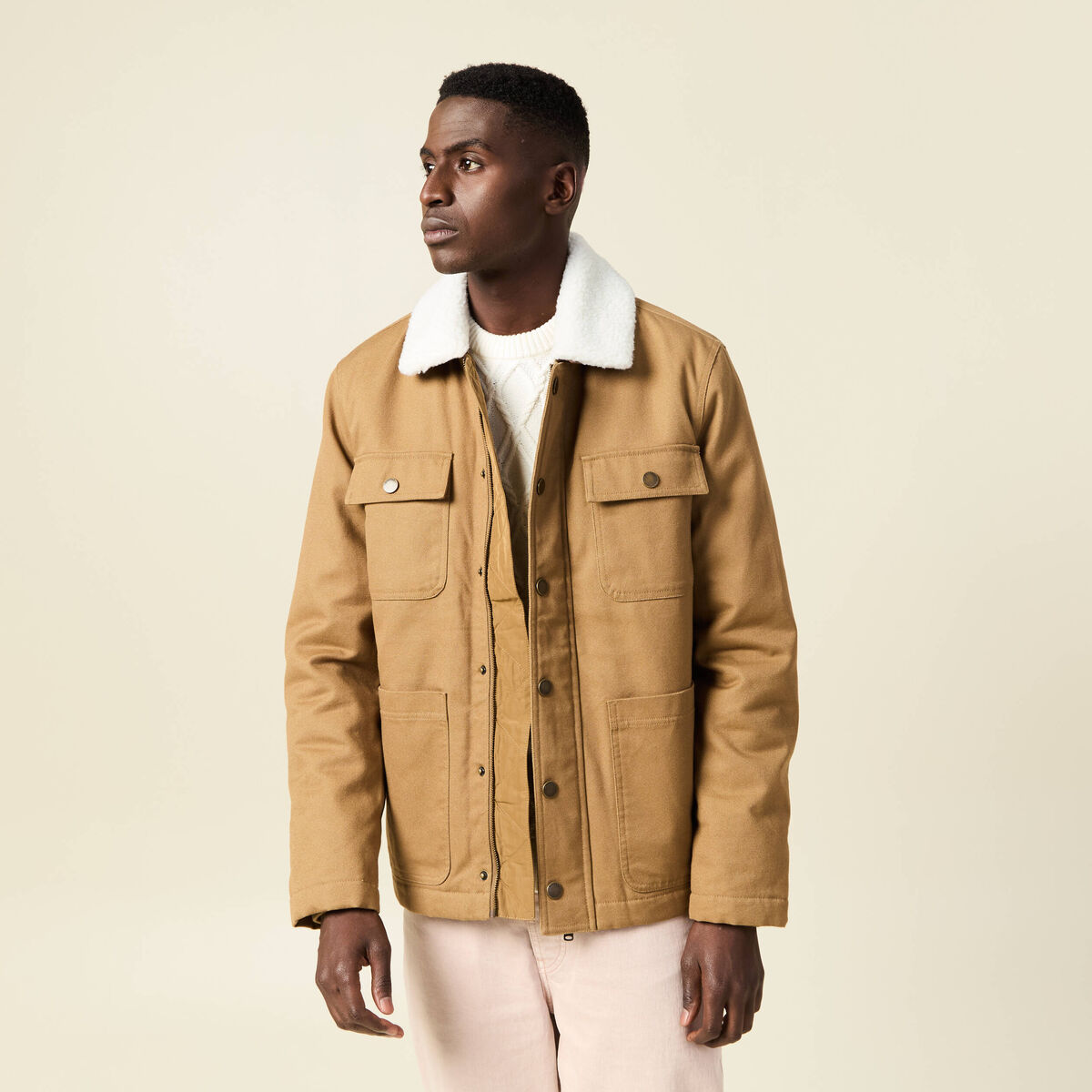 Blouson boutonn&eacute; col aviateur vert kaki homme