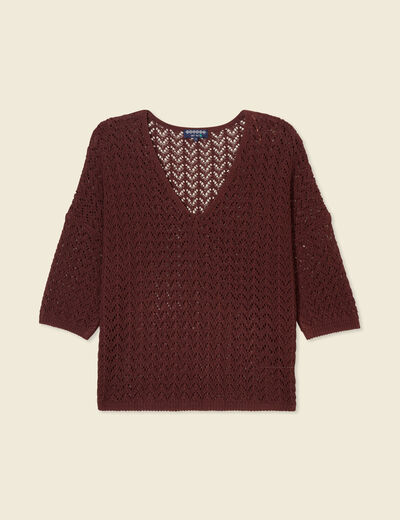 Pull manches 3/4 ajouré bordeaux femme