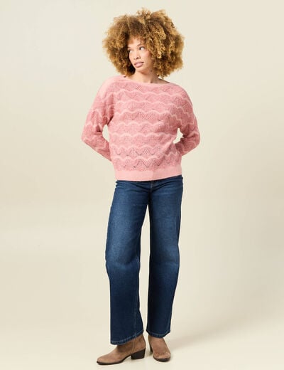Pull manches longues ajouré rose saumon femme