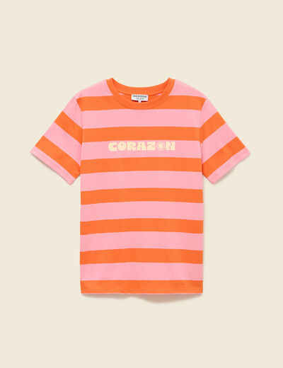T-shirt ray&eacute; col rond manches courtes orange femme