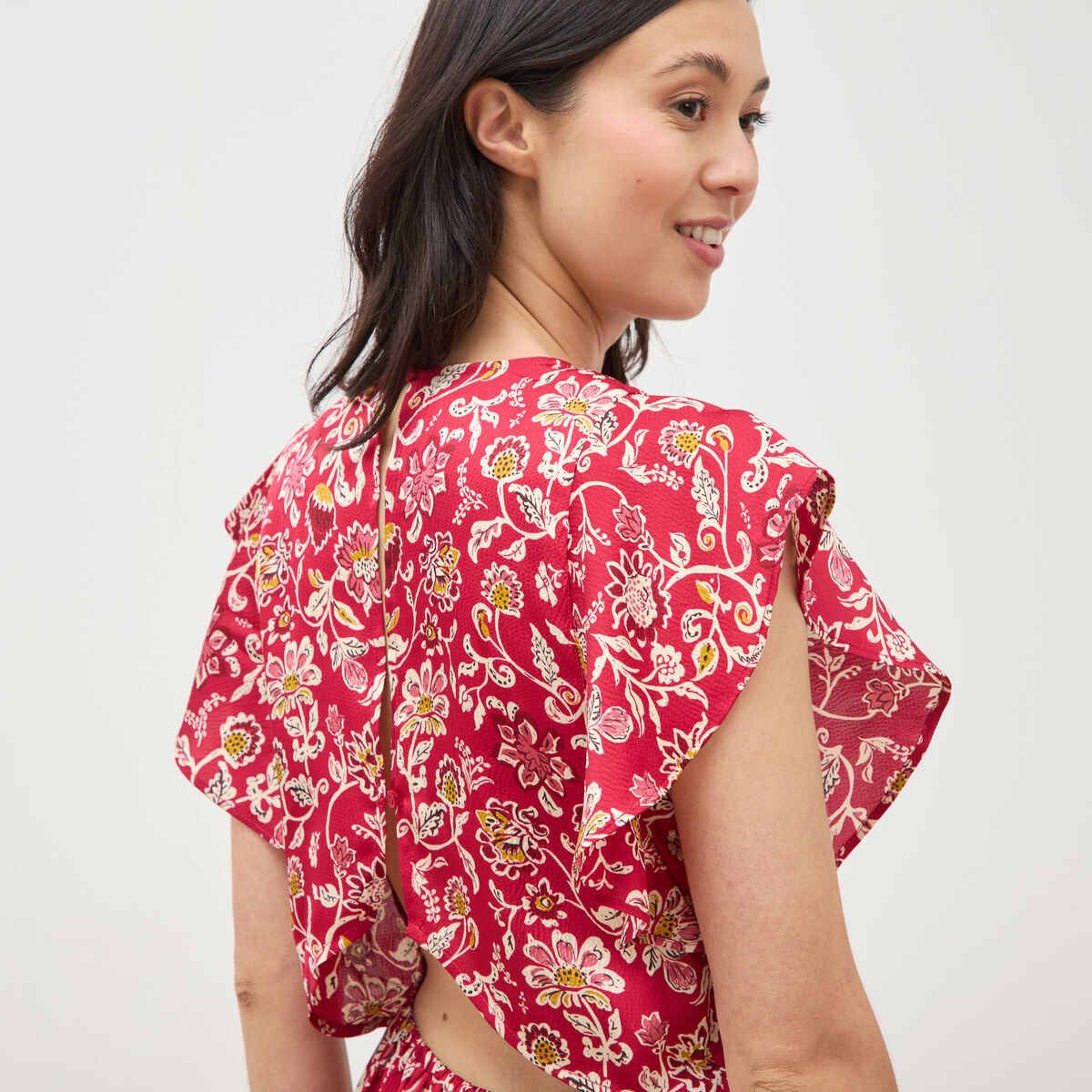 Robe fluide col v manches courtes rouge cerise femme