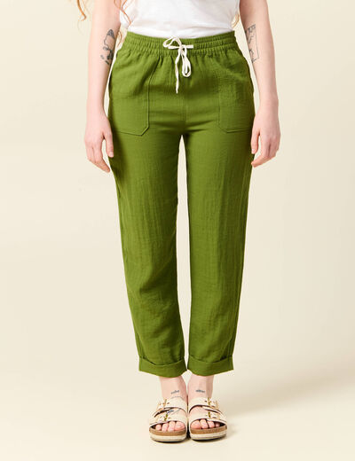 Pantalon carotte fluide vert olive femme