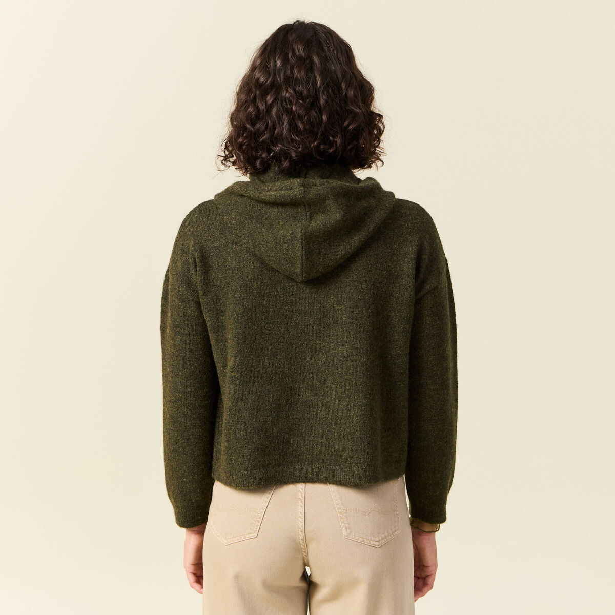 Pull &agrave; capuche zipp&eacute; vert kaki femme