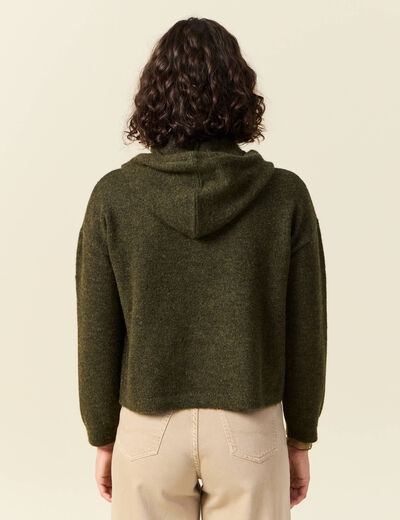 Pull &agrave; capuche zipp&eacute; vert kaki femme