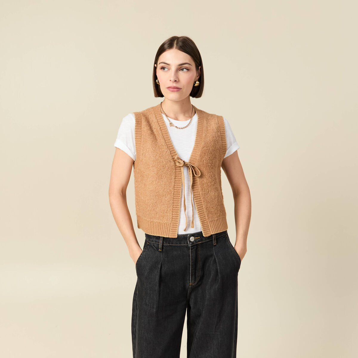 Gilet sherpa droit sans manches beige femme