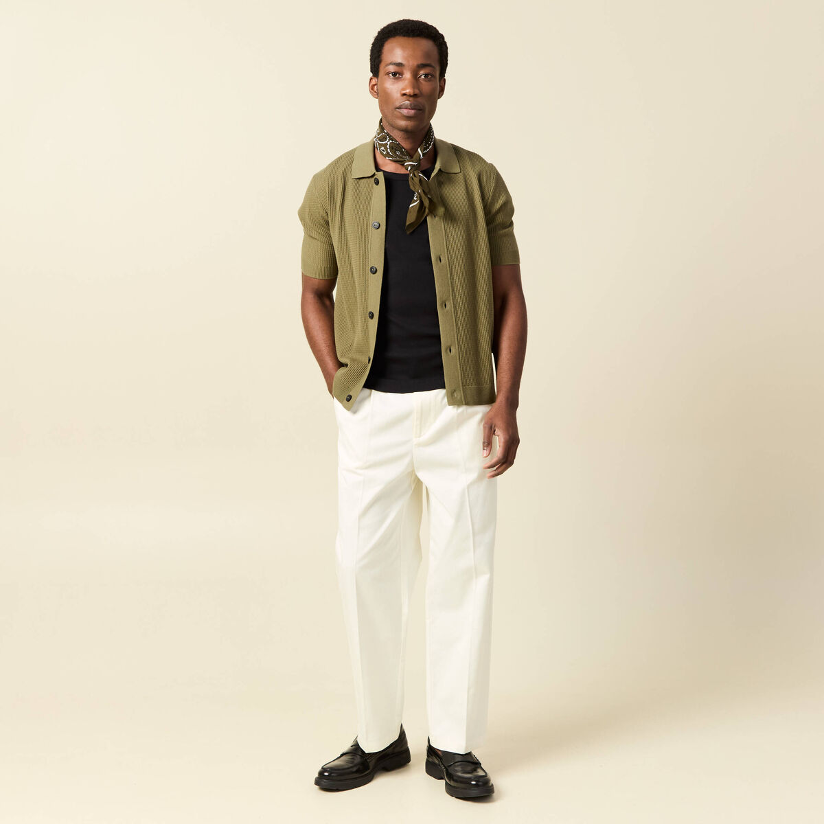 Chemise manches courtes col polo vert kaki homme