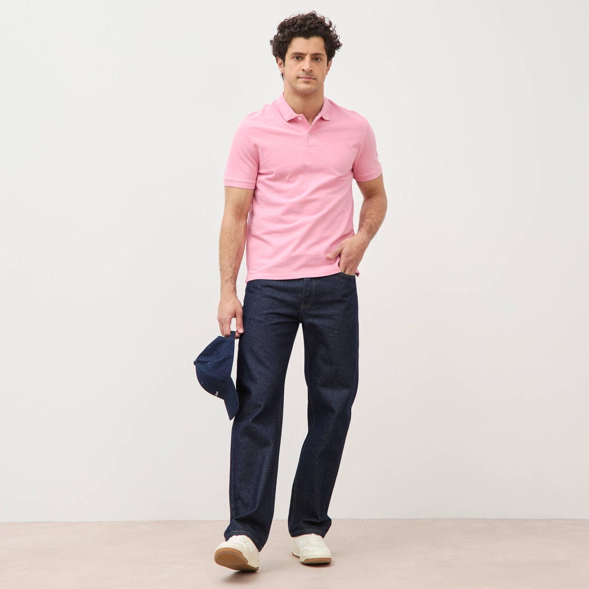 Polo cintr&eacute; en coton manches courtes rose homme