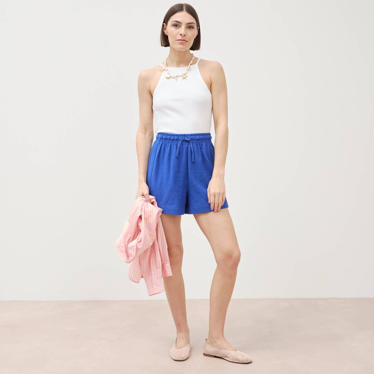 Short taille haute en maille ray&eacute;e bleu electrique femme