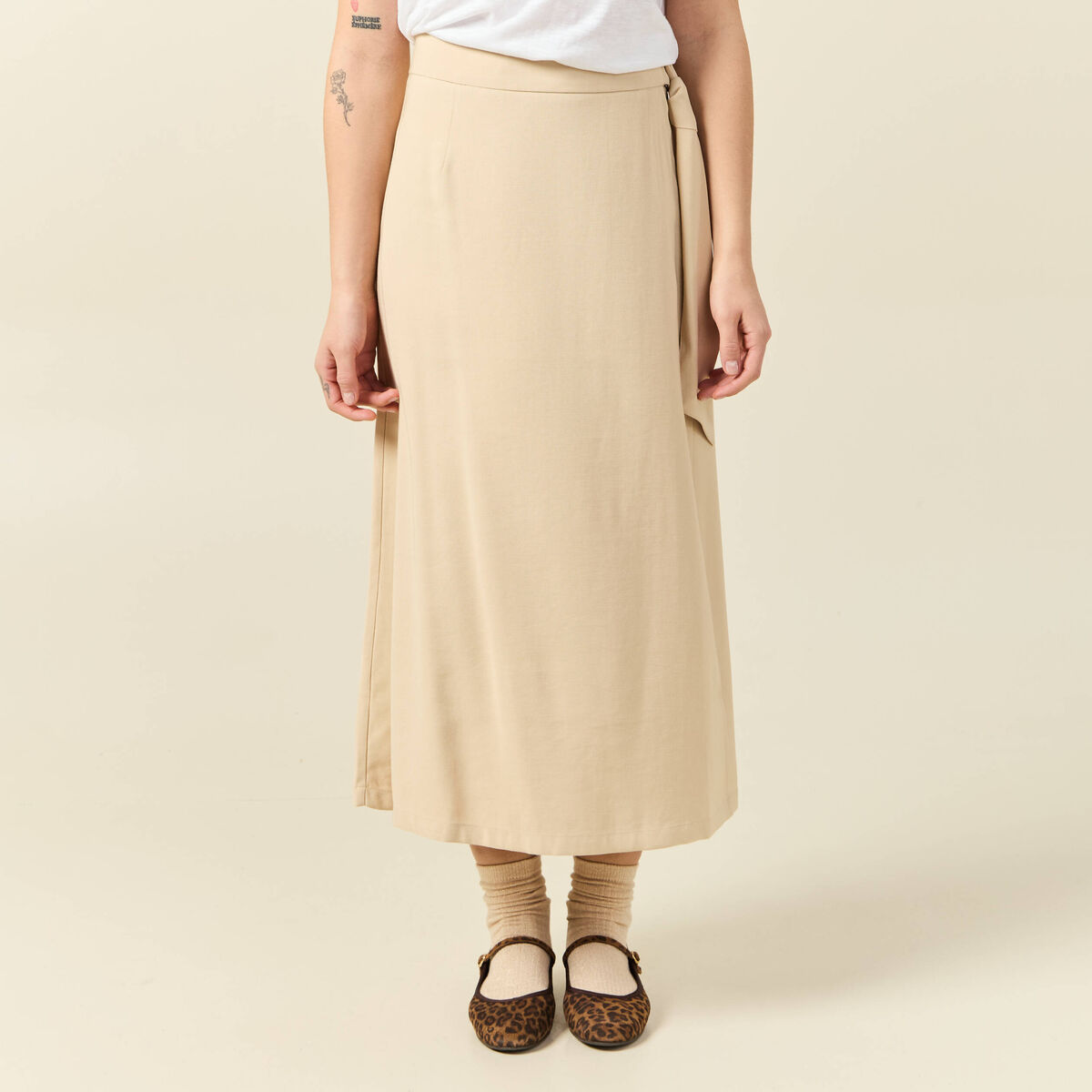 Jupe longue portefeuille beige femme