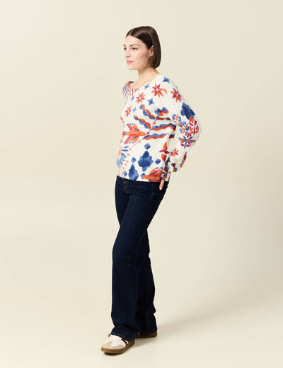 Pull manches longues col en V creme femme