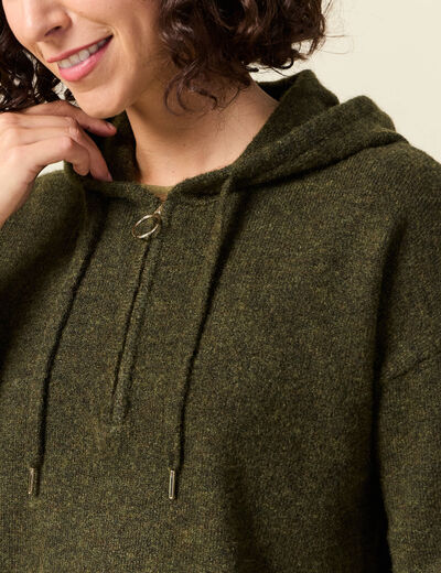 Pull &agrave; capuche zipp&eacute; vert kaki femme